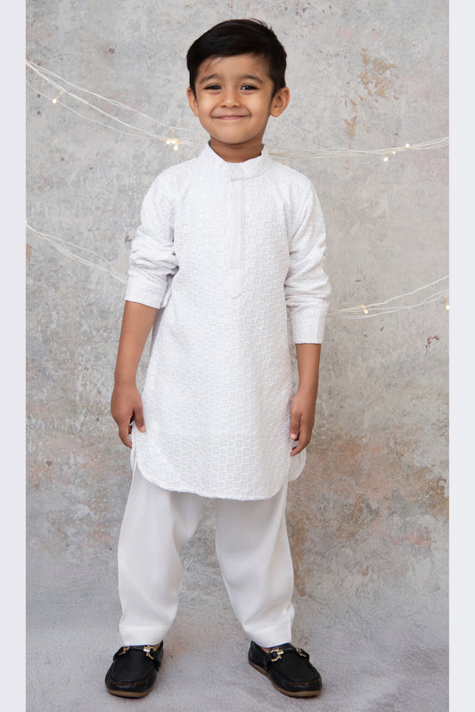 Silk Blended Woven Full Sleeves Pack of 2 Solid Embroidered Kurta Patiala Ethnic Set- White