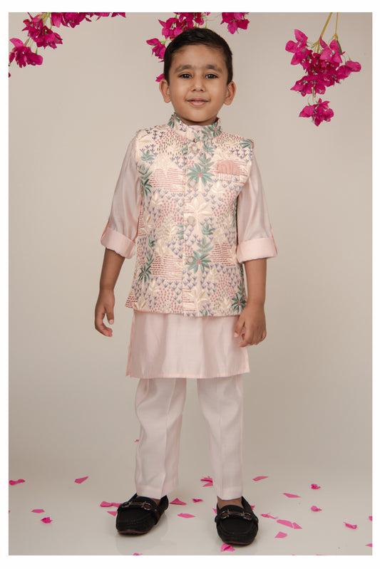 Cotton Silk Blend Woven Full Sleeves Festive Heavy Embroidered Ethnic Nehru Jacket Full Sleeves Kurta and Pajama Set - Peach