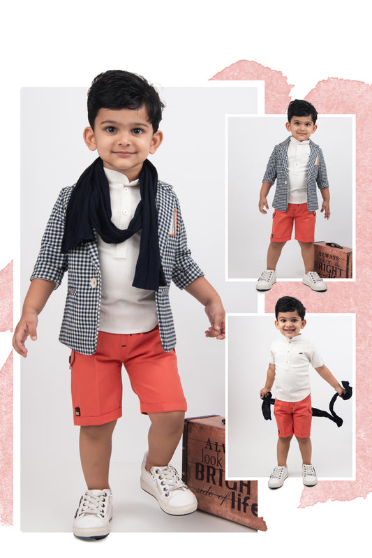 Cotton Half Sleeves Checked Coat With Solid Shorts Shirt & Muffler - Carrot