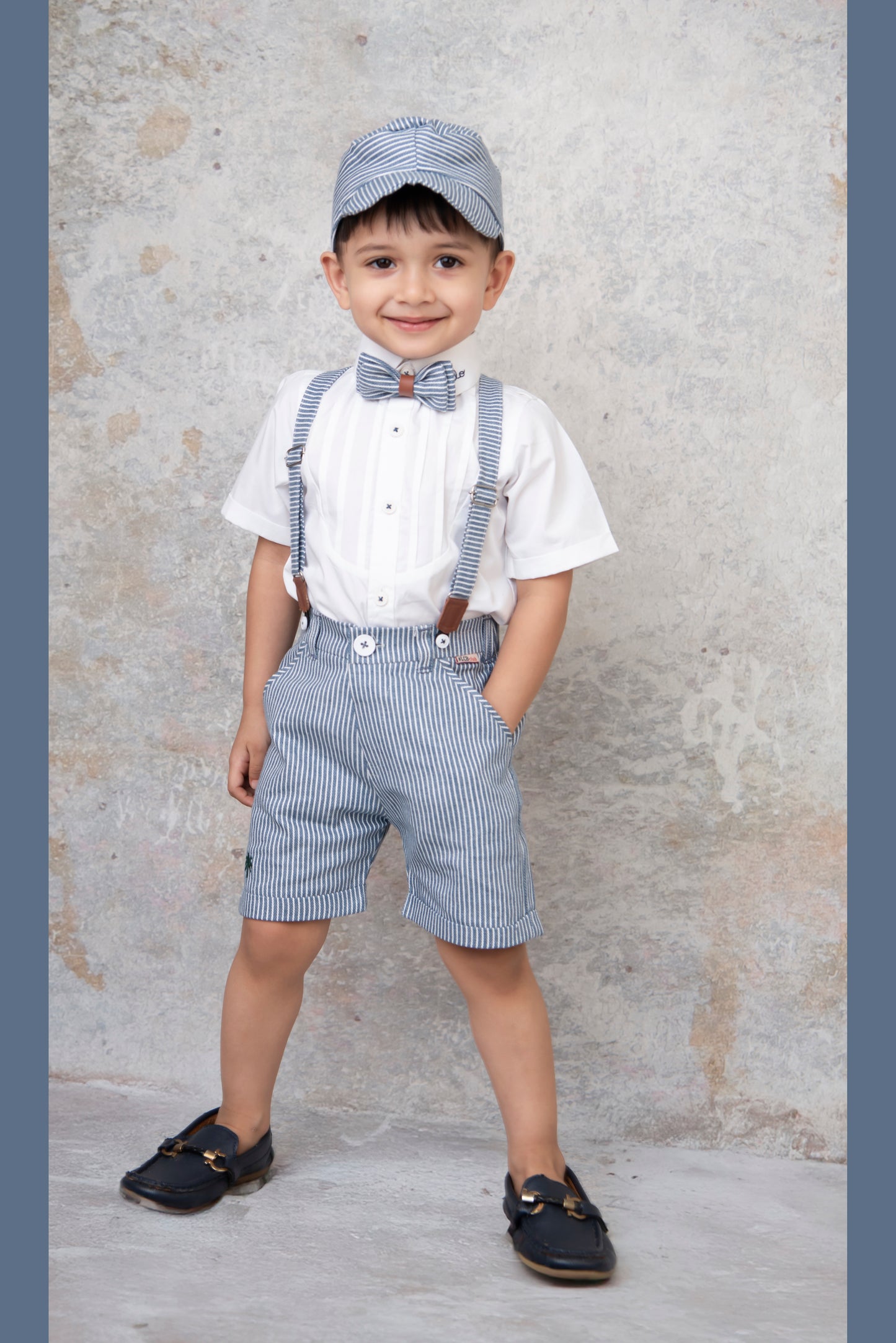 Cotton Half Sleeves Shirt With Coordinating Striped Shorts Suspender & Bow Casual Set- Blue