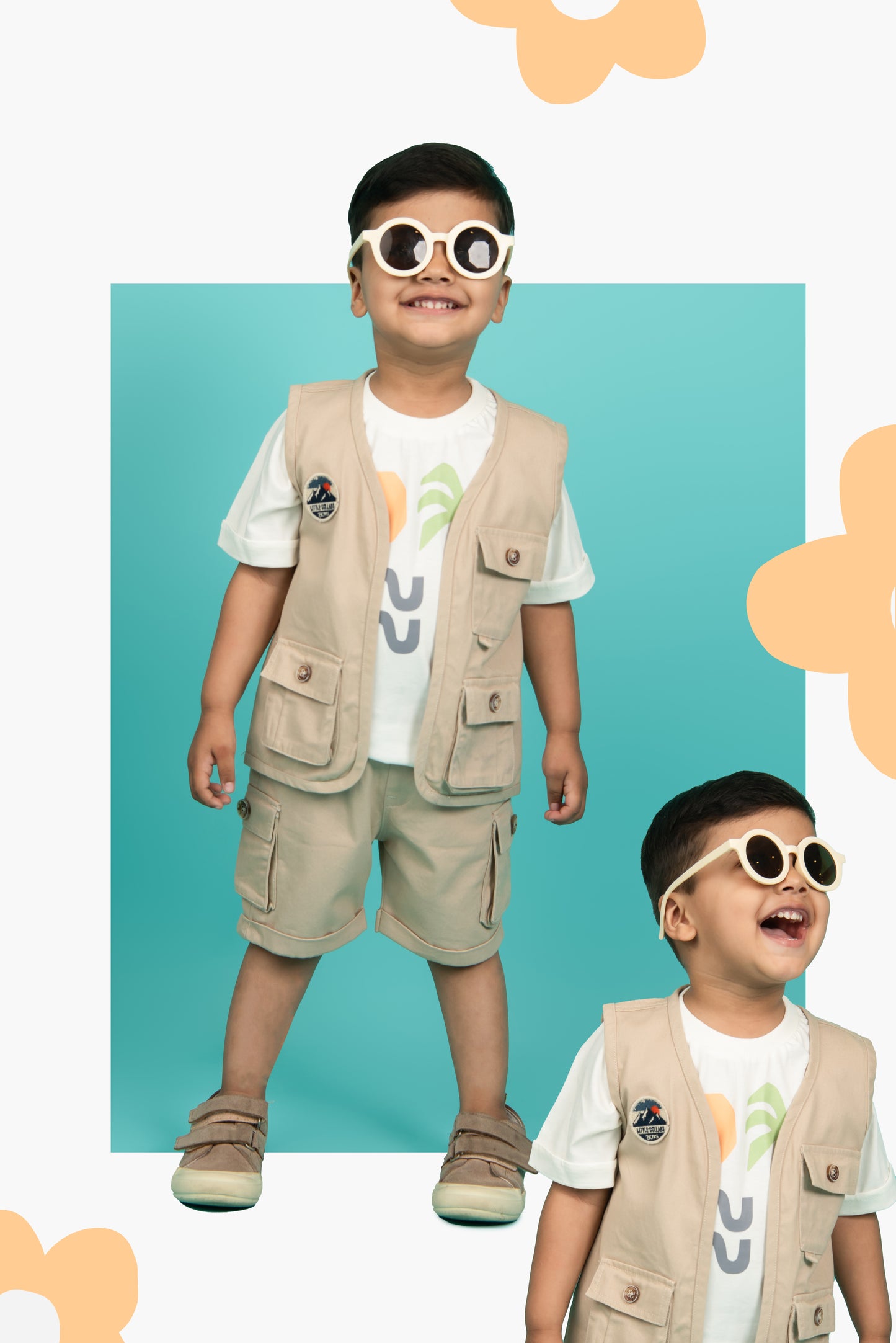 Casual Cotton Multi Pocket Cargo Sleeveless Gilet Jacket Half Sleeves Tshirt Half Pant Co-ord Set - Beige