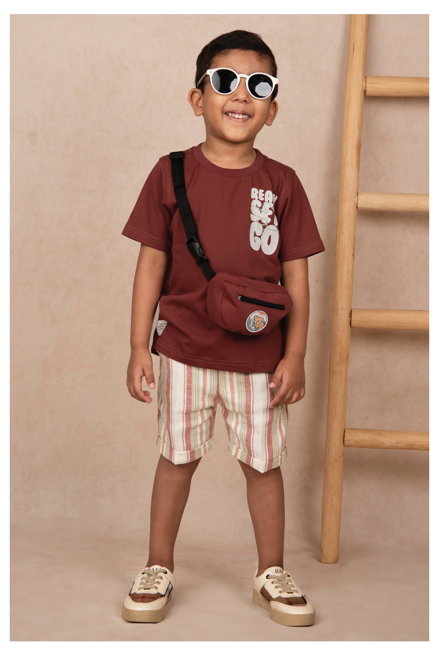 Trendy Cotton Half Sleeves Tshirt Half Pant Co-ord Set with Bag and Belt - Maroon