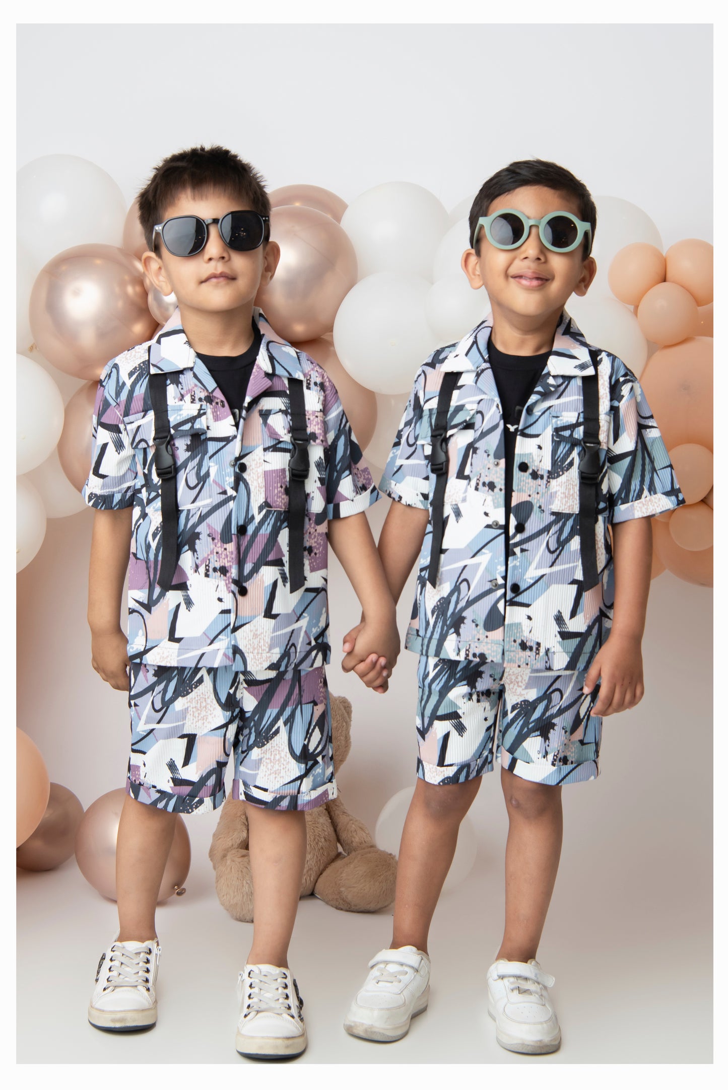 Lavender Super Smart Waffle Abstract Digital Printed Short Sleeves Poly Blend Half Sleeves Shirt Shorts Coord set with Tshirt
