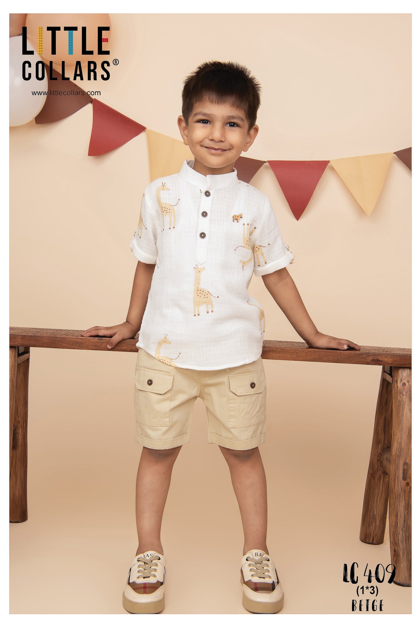 Casual Pure Organic Muslin Cotton Giraffe Printed Half Sleeves Mandarin Collar Kurta Shirt Half Pant Set - Beige