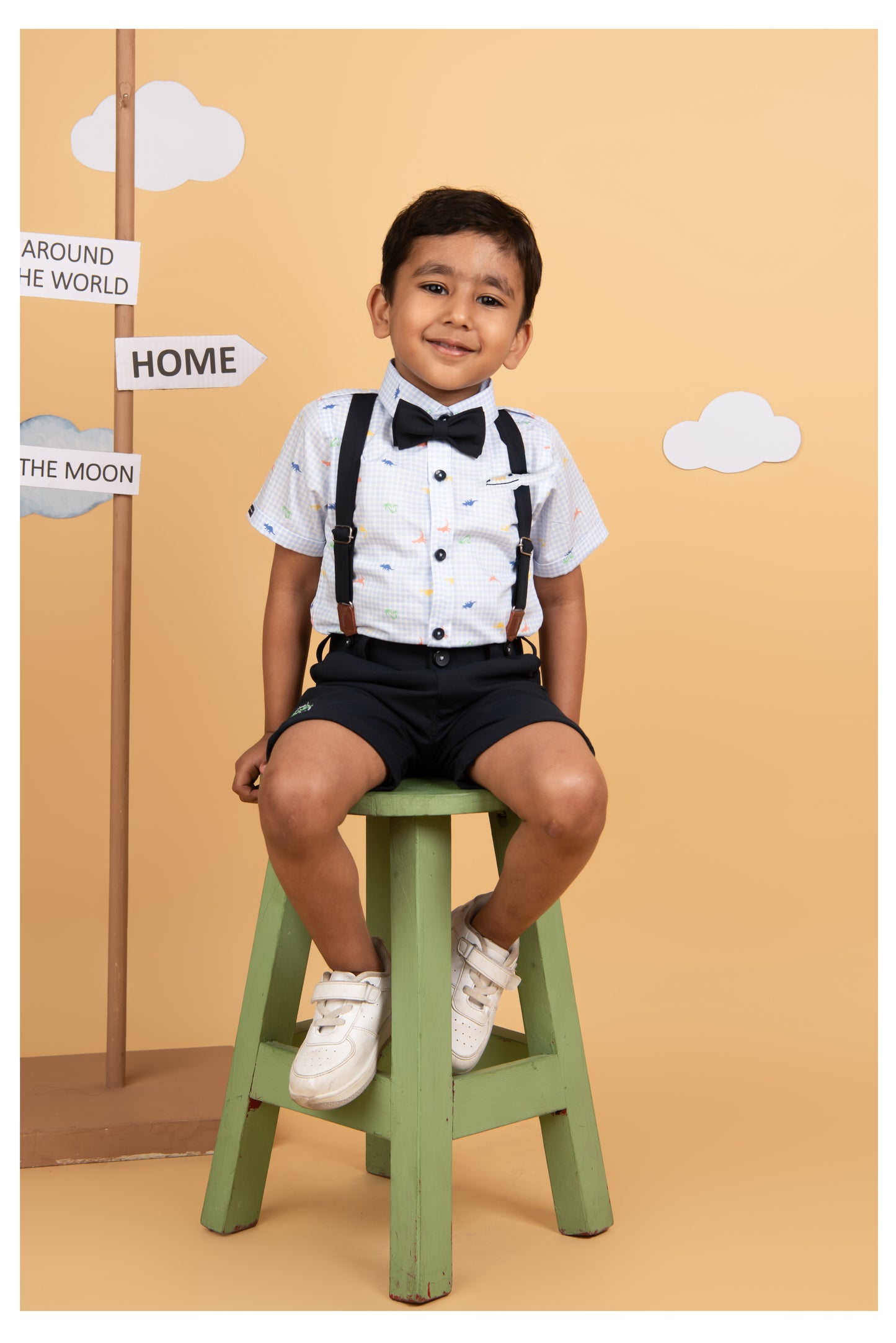 Dinosaur Print Cotton Half Sleeves Shirt Pant Suspender Set with Bow and Cute Fluff Pin -Blue