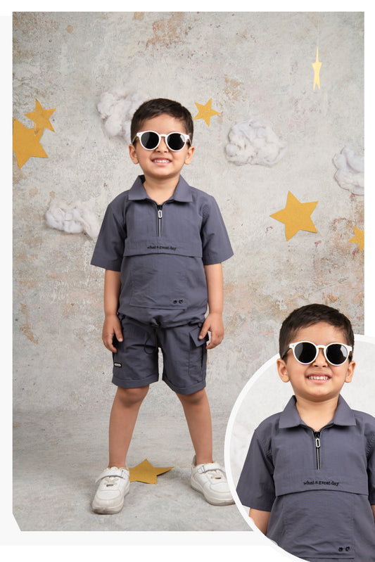 Trendy Uber Cool Half Sleeves Zippered Tshirt Half Pant Co-ord Set - Grey