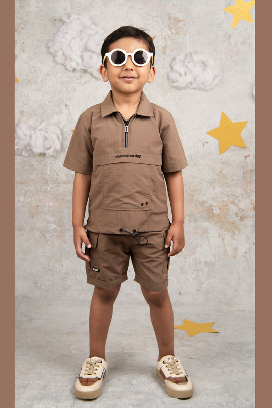 Trendy Uber Cool Half Sleeves Zippered Tshirt Half Pant Co-ord Set -Khaki