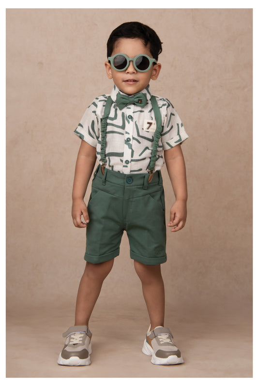 Abstract Printed Cotton Mesh Half Sleeves Shirt Pant Suspender Set with Bow -Green
