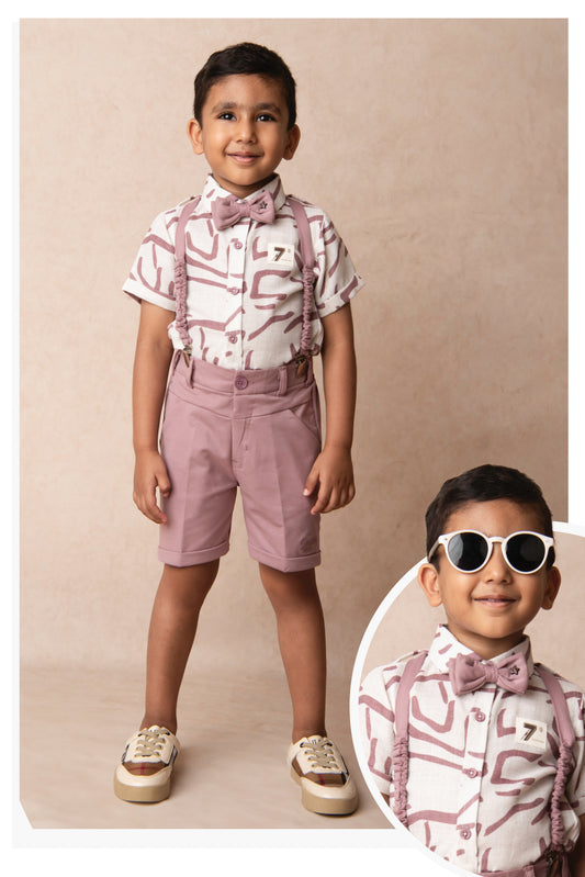 Abstract Printed Cotton Mesh Half Sleeves Shirt Pant Suspender Set with Bow - Lavender