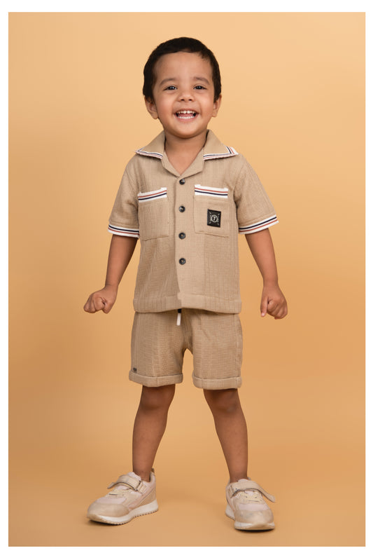 Blended Cotton Knitted Half Sleeves Solid Shirt with Shorts Coord Set- Beige