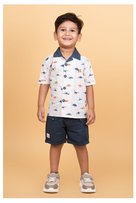 Pure Cotton Woven Half Sleeves Dinosaur Print Cuban Collar Shirt with Shorts Casual Set- Blue