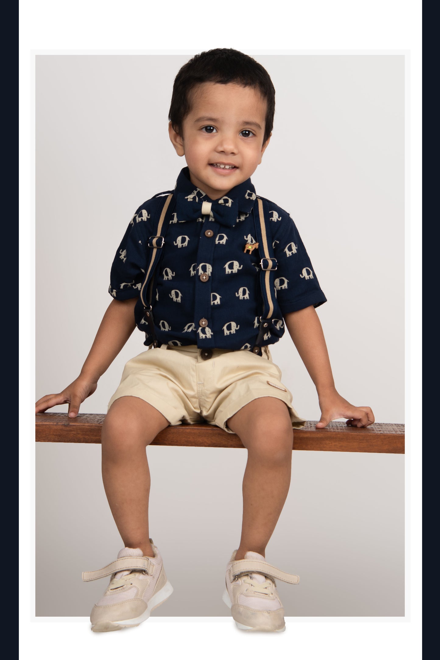 Organic Muslin Cotton Woven Half Sleeves Baby Elephant Print Shirt & Shorts With Suspender & Bow Set - Blue