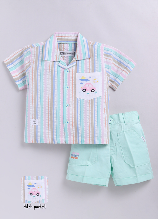 Boys Cotton Seer Sucker Striped Shirt with Patch Pocket Shorts Set - Mint