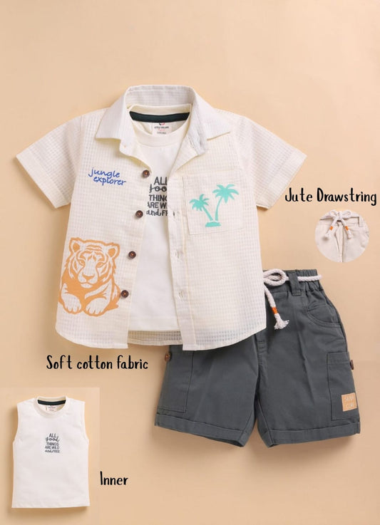 Boys Woven Cotton Tiger printed Shirt , T-Shirt, Shorts Casual Set- Cream