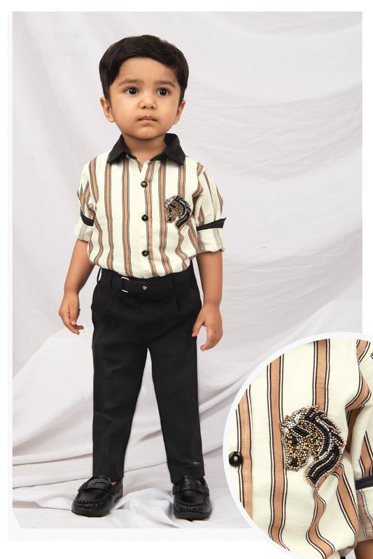 Animal Handwork Motif Striped Shirt with Formal Pant Set