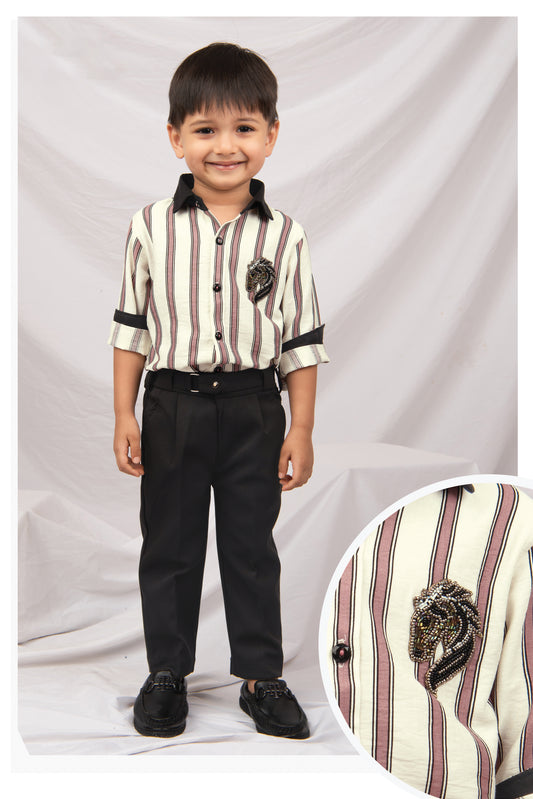 Animal Handwork Motif Striped Shirt with Formal Pant Set