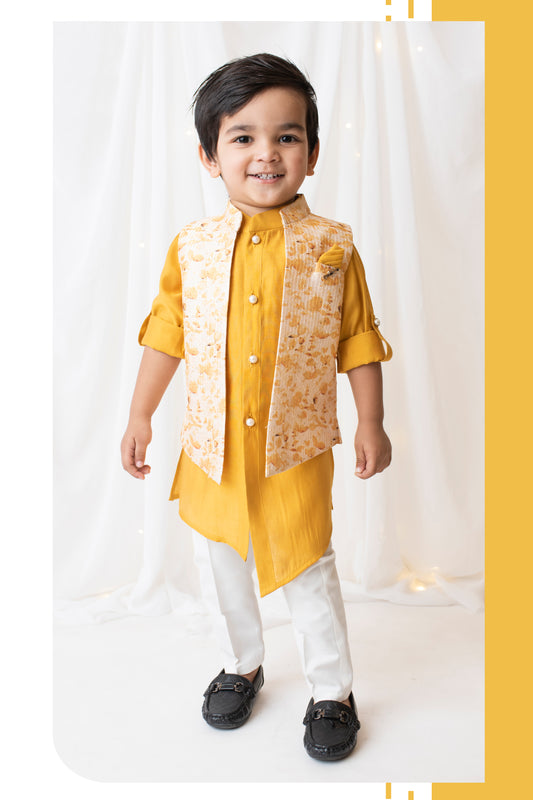 Mustard Printed Jacket Kurta Set