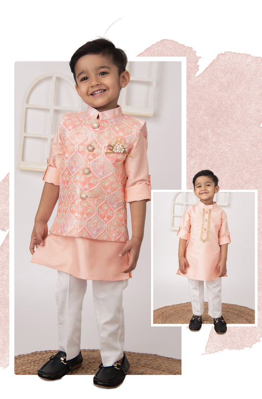 Peach Ethnic Wedding Wear Nehru Jacket Kurta Pajama set