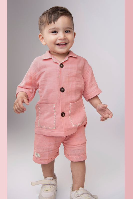 Pure Organic Muslin Cotton Solid Half Sleeves Shirt Half Pant Coord Set with Hand Embroidered Details- Pink