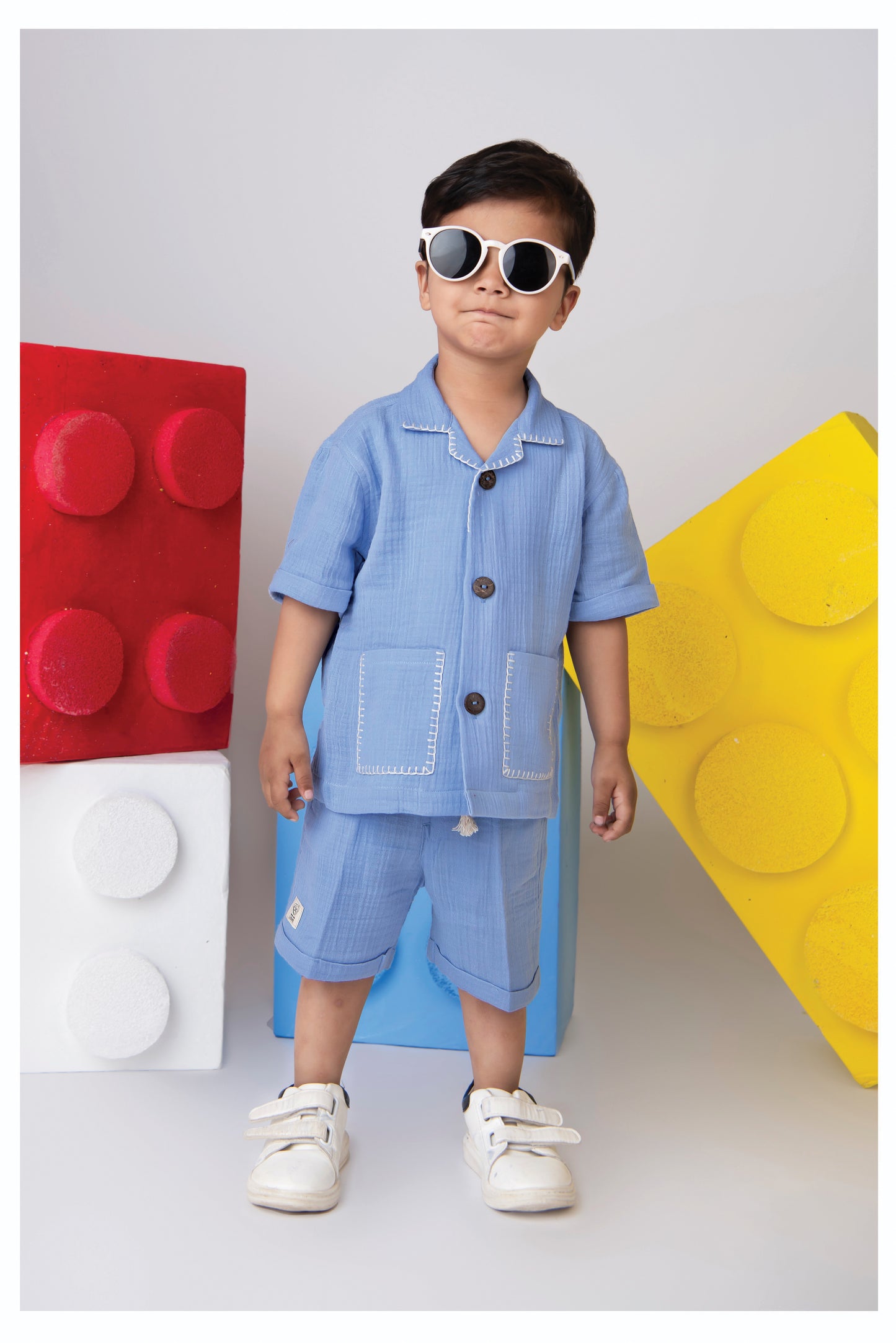 Pure Organic Muslin Cotton Solid Half Sleeves Shirt Half Pant Coord Set with Hand Embroidered Details- Blue