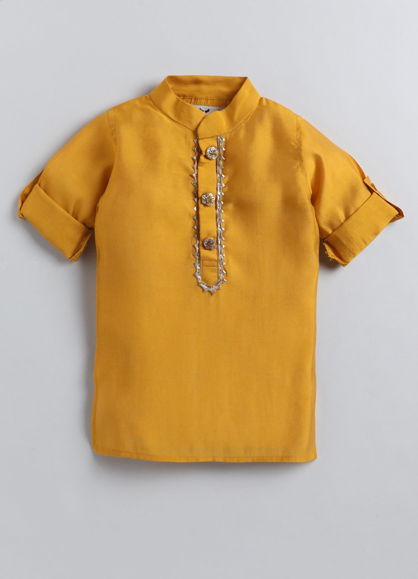 LITTLE COLLARS Cotton Silk Full Sleeves Sequins & Lace Embellished Threadwork Embroidered Kurta Pyjama With Jacket Set - Mustard