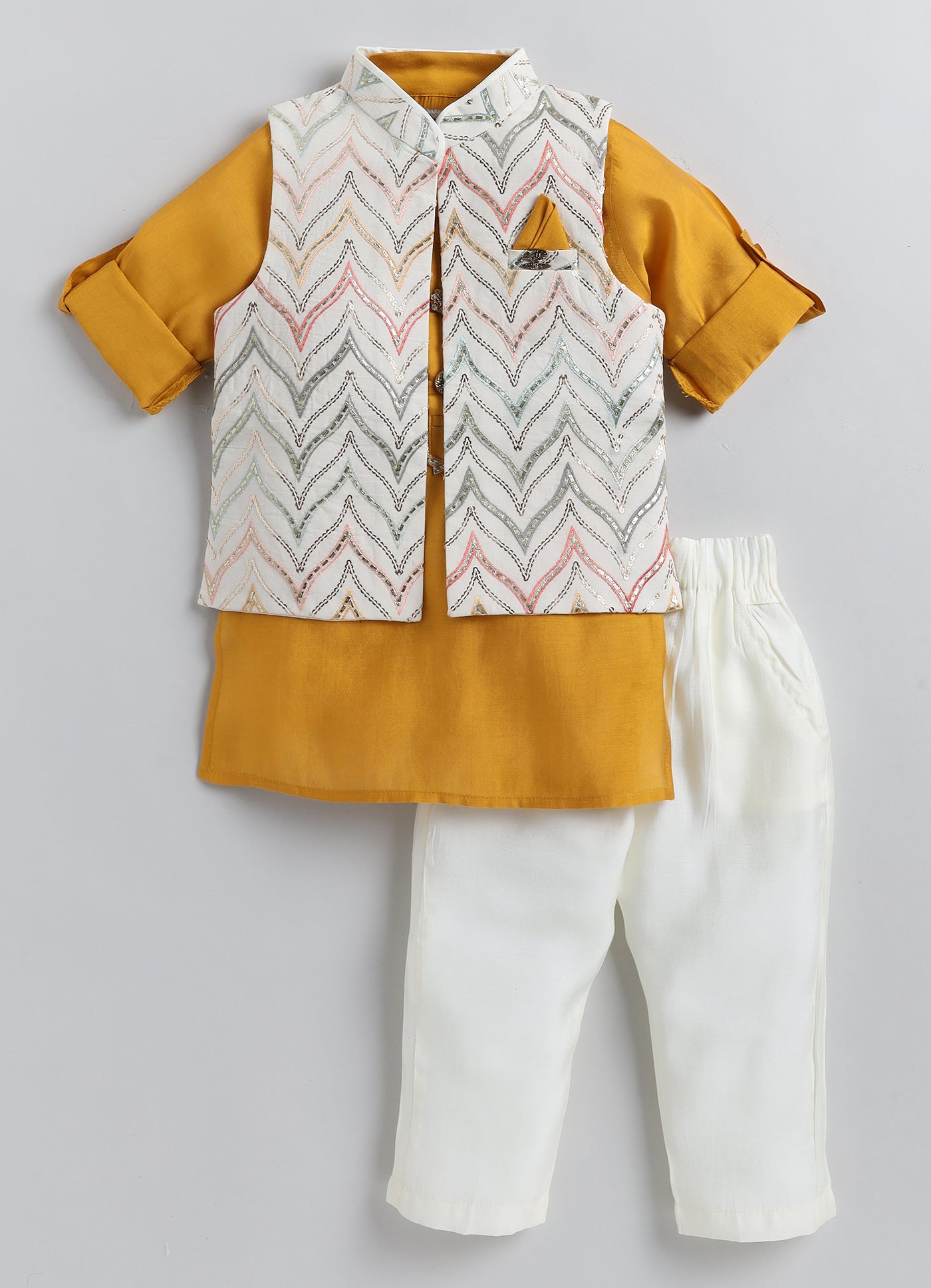 LITTLE COLLARS Cotton Silk Full Sleeves Sequins & Lace Embellished Threadwork Embroidered Kurta Pyjama With Jacket Set - Mustard