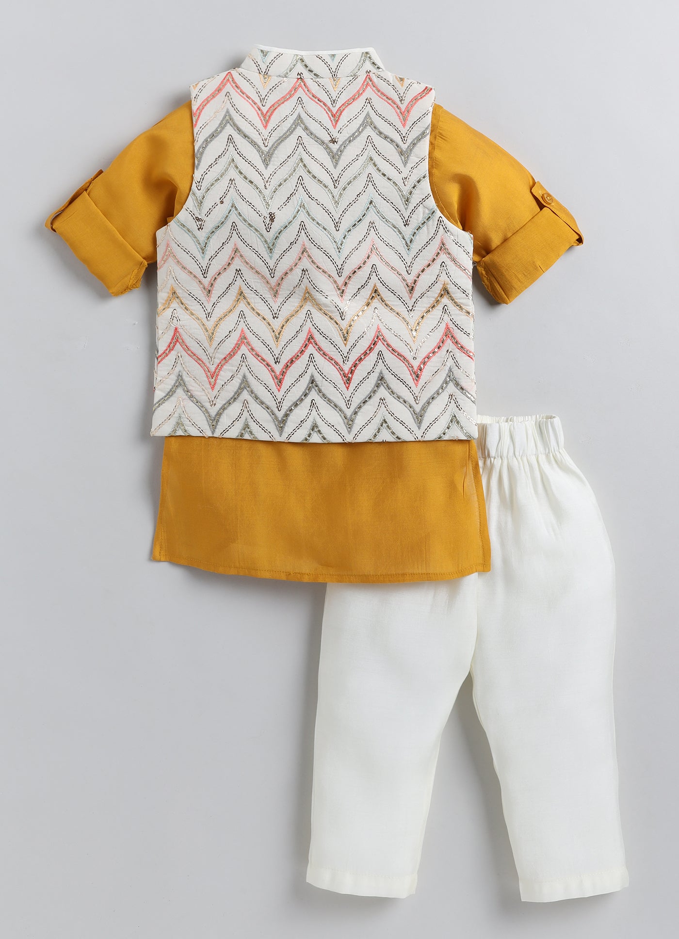 LITTLE COLLARS Cotton Silk Full Sleeves Sequins & Lace Embellished Threadwork Embroidered Kurta Pyjama With Jacket Set - Mustard