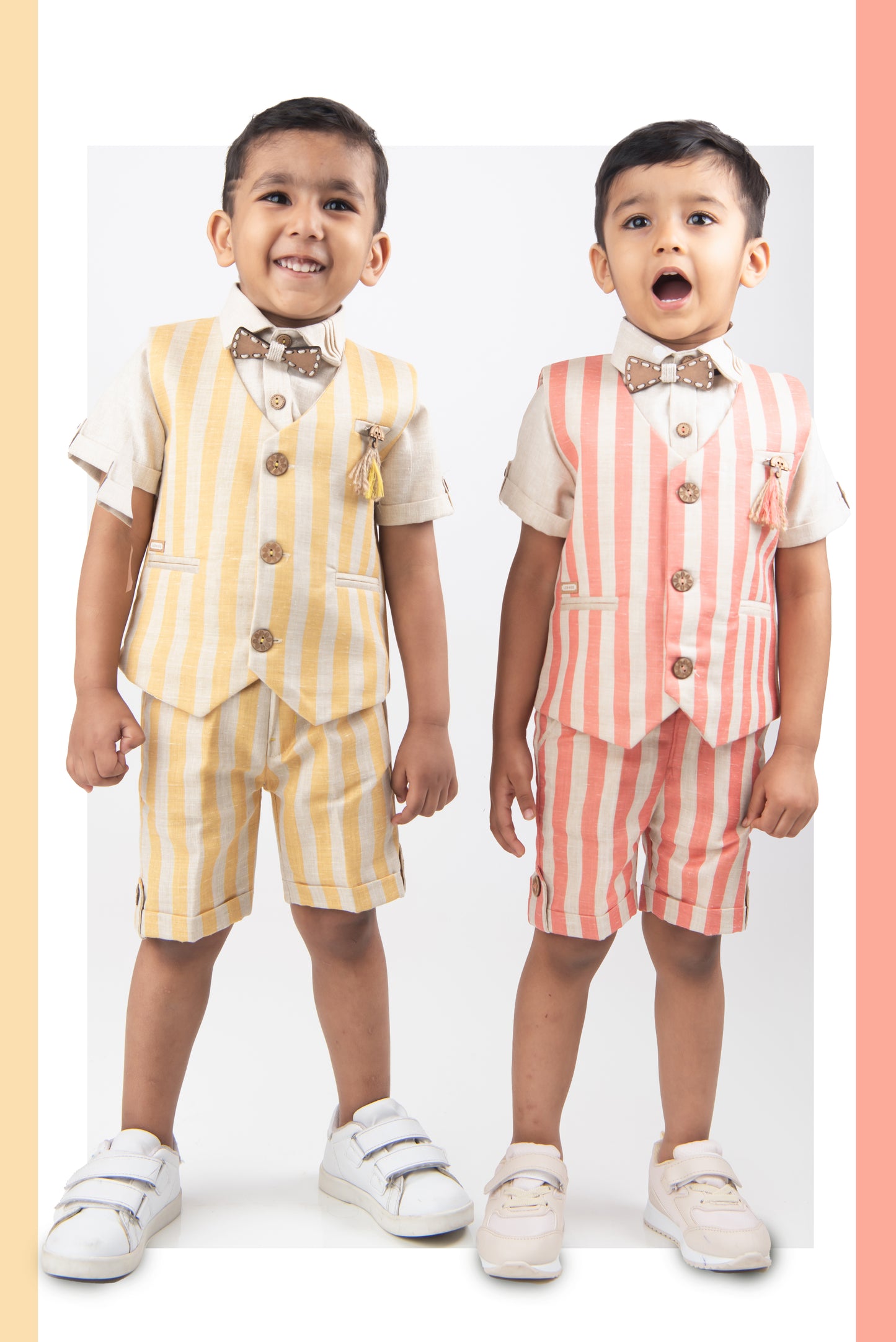 Yellow Striped Bright Waistcoat Shirt Pant Coord set with Bow