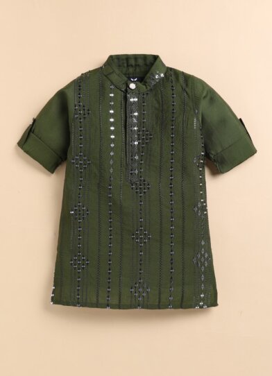 Silk Blended Woven Full Sleeves Pack of 2 Solid Embellished Kurta Pajama Ethnic Set- Green