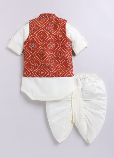 Silk Blended Woven Bandhani Full Sleeves Pack of 4 Kurta Dhoti with Nehru Jacket and Necklace Ethnic Set- Brick