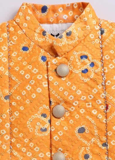 Silk Blended Woven Bandhani Full Sleeves Pack of 4 Kurta Dhoti with Nehru Jacket and Necklace Ethnic Set- Yellow