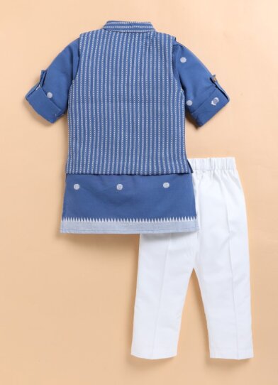 Pure Cotton Woven Full Sleeves Pack of 3 Kurta Pajama with Striped Nehru Jacket Ethnic Set- Blue