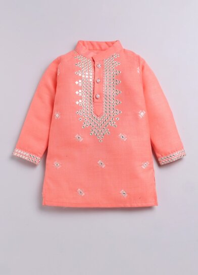 Blended Cotton Mirror Work Embellished and Embroidered in Neckline Woven Full Sleeves Pack of 2 Kurta Pajama Ethnic Set- Orange