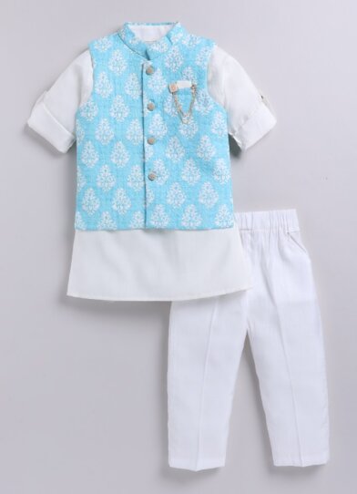 Silk Blended Motif Printed Full Sleeves Pack of 4 Kurta Pajama with Nehru Jacket and Brooch Pin Ethnic Set- Mint
