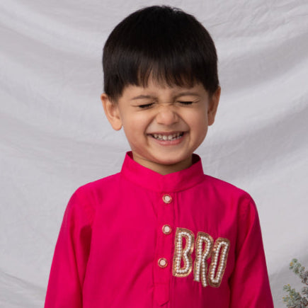 Rakhi Special Boys Silk Blend  Woven Full Sleeves BRO Hand Embroidered and Embellished Ethnic Kurta Pajama Set - Fuschia