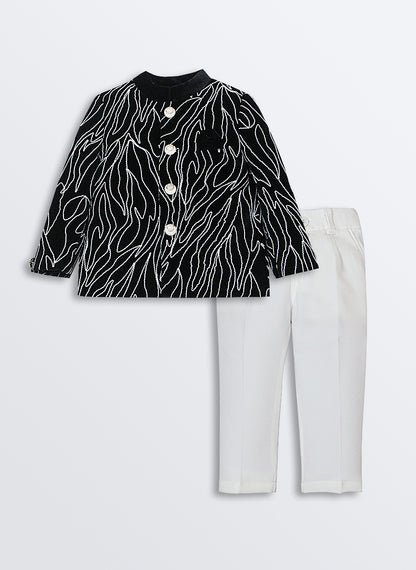 Woven Full Sleeves Cord Work on Velvet Formal Bandhgala Pant Ethnic Set- Black