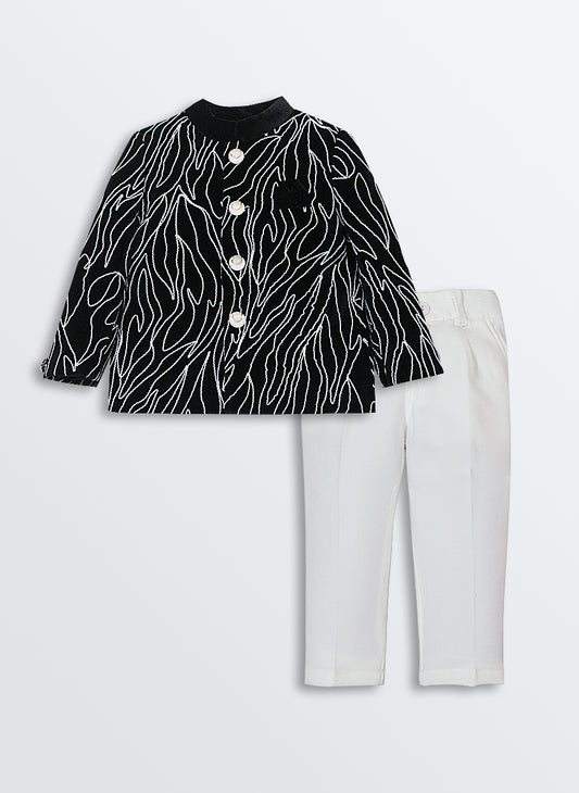 Woven Full Sleeves Cord Work on Velvet Formal Bandhgala Pant Ethnic Set- Black