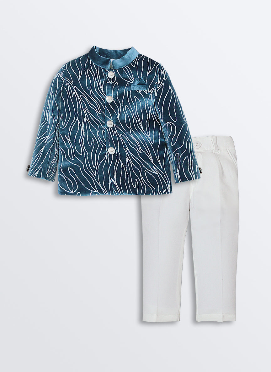 Woven Full Sleeves Cord Work on Velvet Formal Bandhgala Pant Ethnic Set- Blue