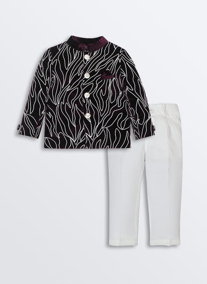 Woven Full Sleeves Cord Work on Velvet Formal Bandhgala Pant Ethnic Set- Maroon