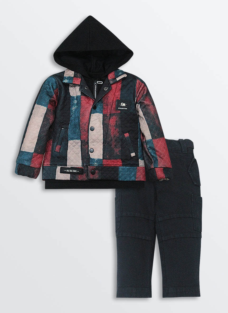 Blended Abstract Printed Knitted Quilted Full Sleeves Zippered Hooded Sweat Jacket with Printed T-shirt and Pants Casual Set-Black