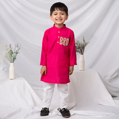 Rakhi Special Boys Silk Blend  Woven Full Sleeves BRO Hand Embroidered and Embellished Ethnic Kurta Pajama Set - Fuschia