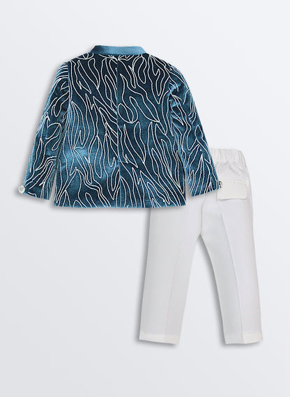 Woven Full Sleeves Cord Work on Velvet Formal Bandhgala Pant Ethnic Set- Blue