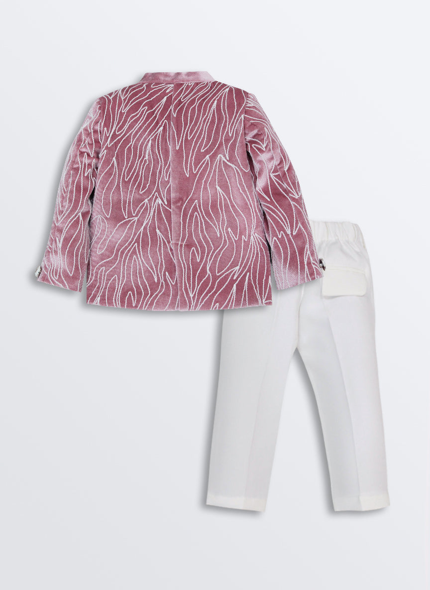 Woven Full Sleeves Cord Work on Velvet Formal Bandhgala Pant Ethnic Set- Peach