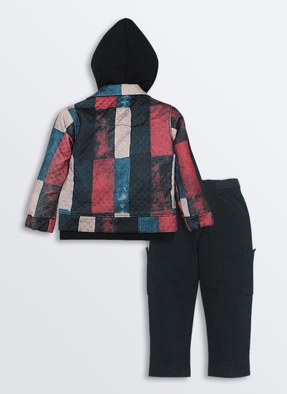 Blended Abstract Printed Knitted Quilted Full Sleeves Zippered Hooded Sweat Jacket with Printed T-shirt and Pants Casual Set-Black