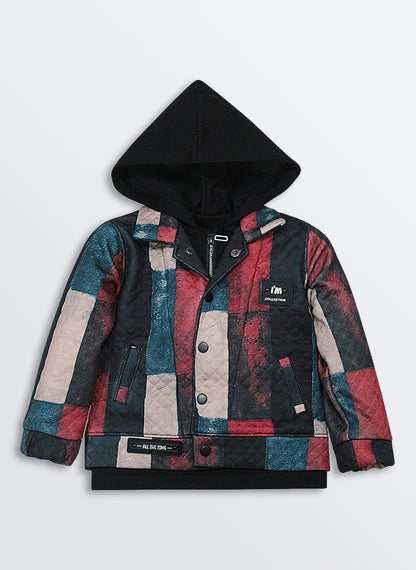 Blended Abstract Printed Knitted Quilted Full Sleeves Zippered Hooded Sweat Jacket with Printed T-shirt and Pants Casual Set-Black