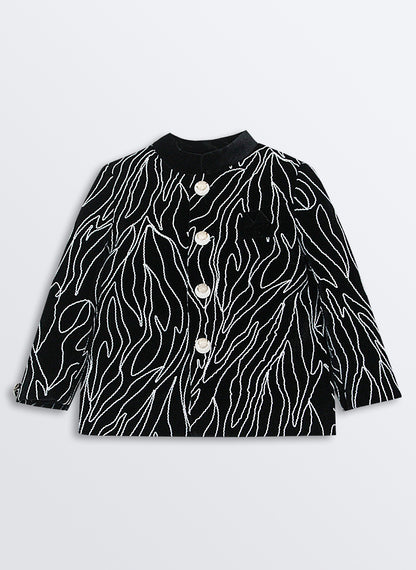 Woven Full Sleeves Cord Work on Velvet Formal Bandhgala Pant Ethnic Set- Black