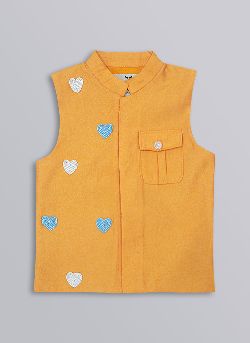 Boys Blended Silk Heart Embellished Wedding Special Super Cute Nehru Jacket, Kurta, Pajama Ethnic Set-  Mustard