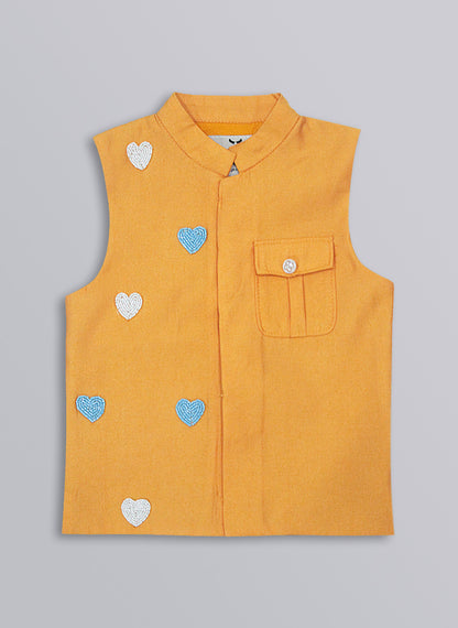 Boys Blended Silk Heart Embellished Wedding Special Super Cute Nehru Jacket, Kurta, Pajama Ethnic Set-  Mustard