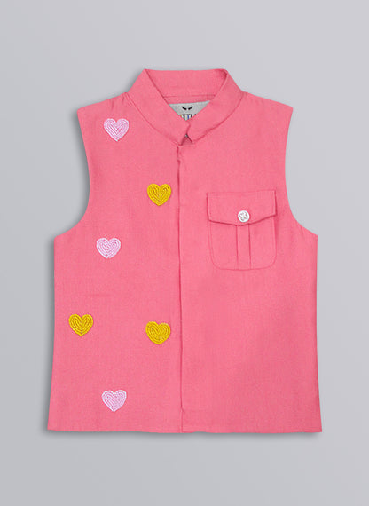 Boys Blended Silk Heart Embellished Wedding Special Super Cute Nehru Jacket, Kurta, Pajama Ethnic Set-  Pink