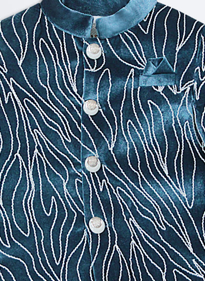 Woven Full Sleeves Cord Work on Velvet Formal Bandhgala Pant Ethnic Set- Blue